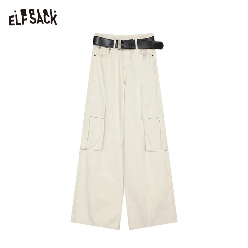 2024 Autumn ELFSACK New Arrivals Commuter white pocket pure cotton loose slim straight wide leg casual overalls for women