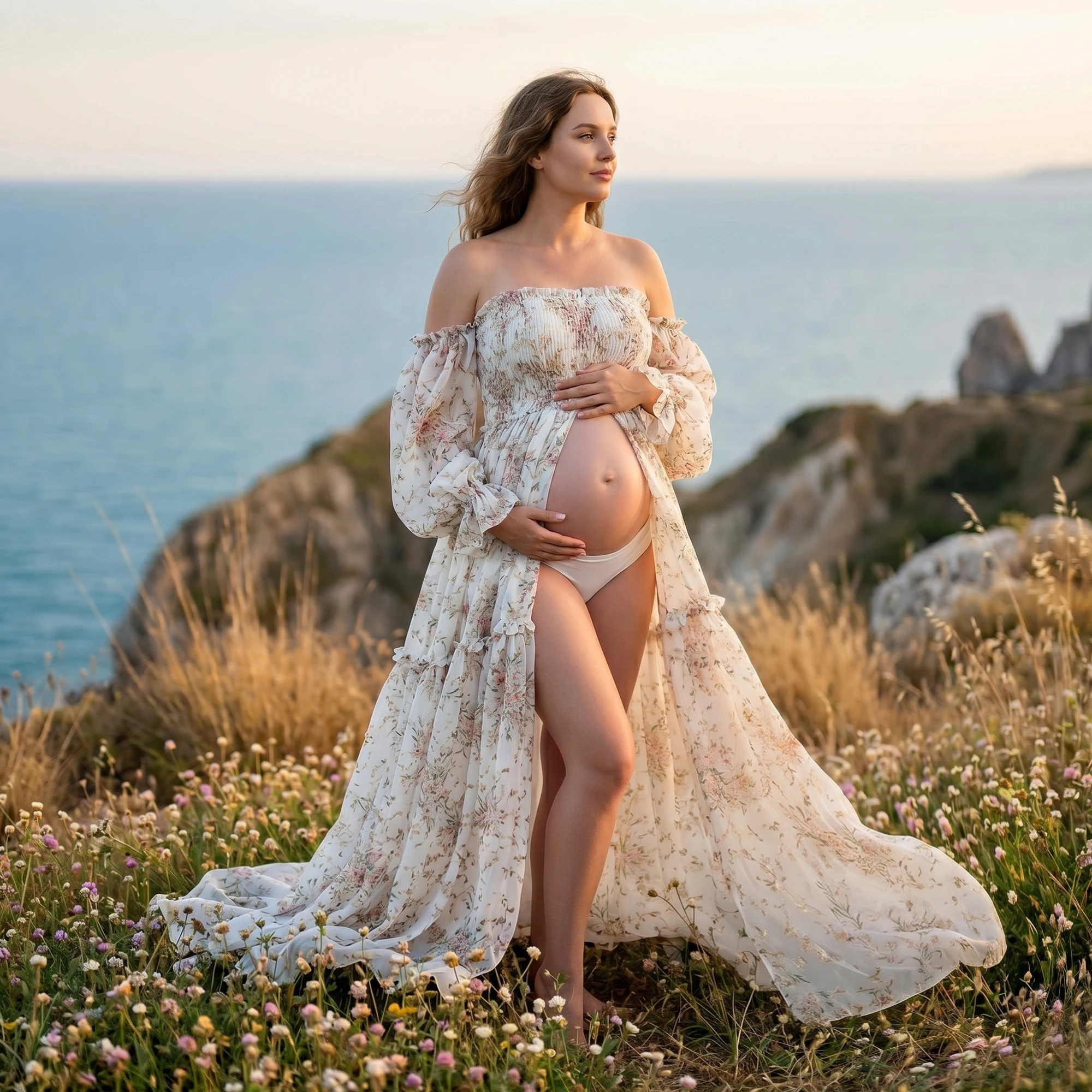 Don&Judy Evening Party Dress Floral Chiffon Strapless Long-Sleeve Front-Slit Clothing For Summer Woman Photography