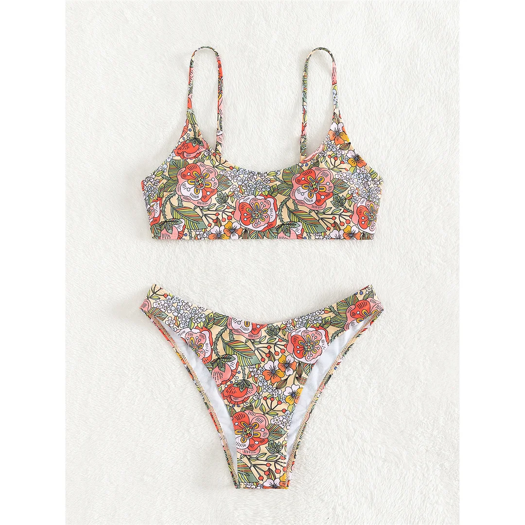 Brasilianischer Bikini mit Blumenmuster, mittelhoher Bund, Damen-Badebekleidung, zweiteiliges Bikini-Set, Badeanzug, Badebekleidung, Modell V5002. – Detail 14
