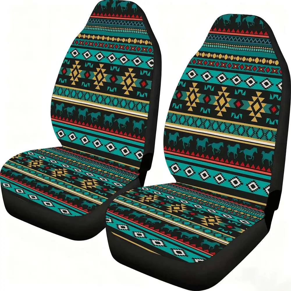 

2pcs Southwestern Horse Geometric Pattern Car Seat Covers - High-Back Design, Polyester, Fit For Cars, SUVs & Trucks, Vibrant Re