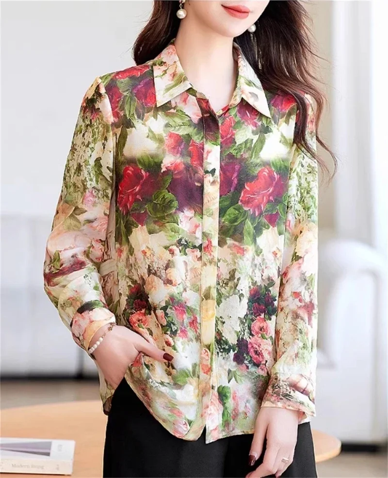 S-3XL Vintage Rose Print Women Casual Shirts Elegant Luxury Tops Autumn Long Sleeve Lapel Single-breasted Retro Blouse camisa