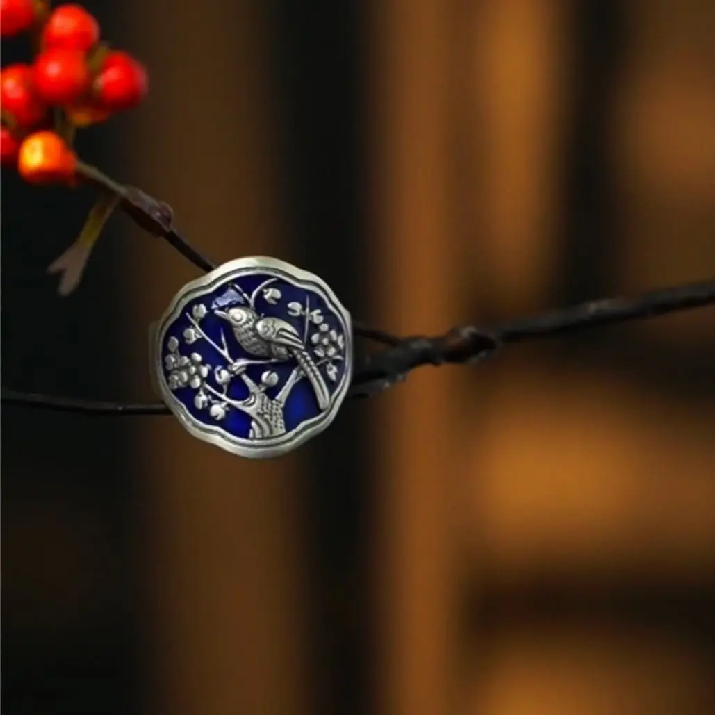 Vintage Blueing Magpie Ascending Plum Blossom Adjustable Ring Chinese Style Singing Birds and Fragrant Flowers Rings Jewelry