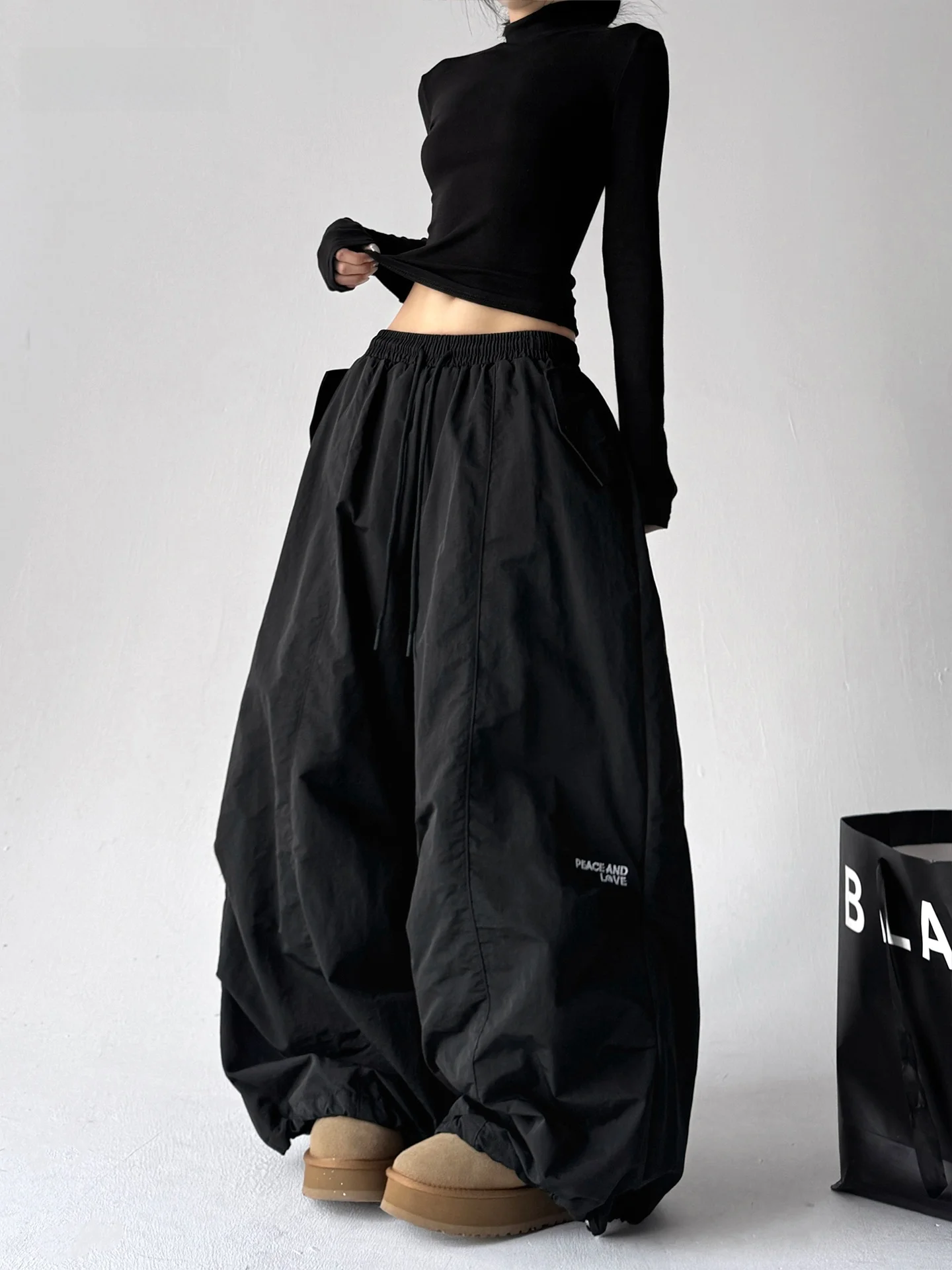 กางเกงคาร์โก้ทรงหลวมสไตล์อเมริกันเรโทรสำหรับผู้หญิง เอวสูง มีเชือกผูก ทรงหลวมสบายๆ ขาตรง