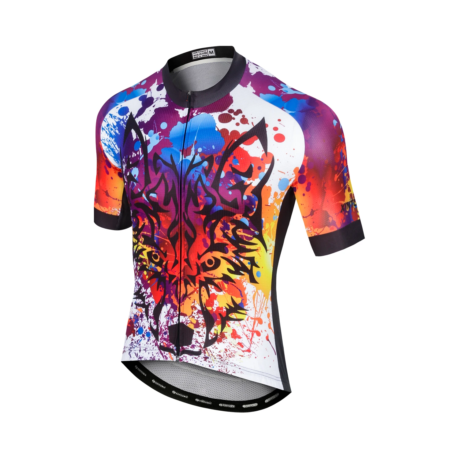 

Men's Wolf print pattern Full Zip Cycling Tops & shorts Short Sleeve Mountain Bike Clothing Padded Cycling Bib Shorts Sets