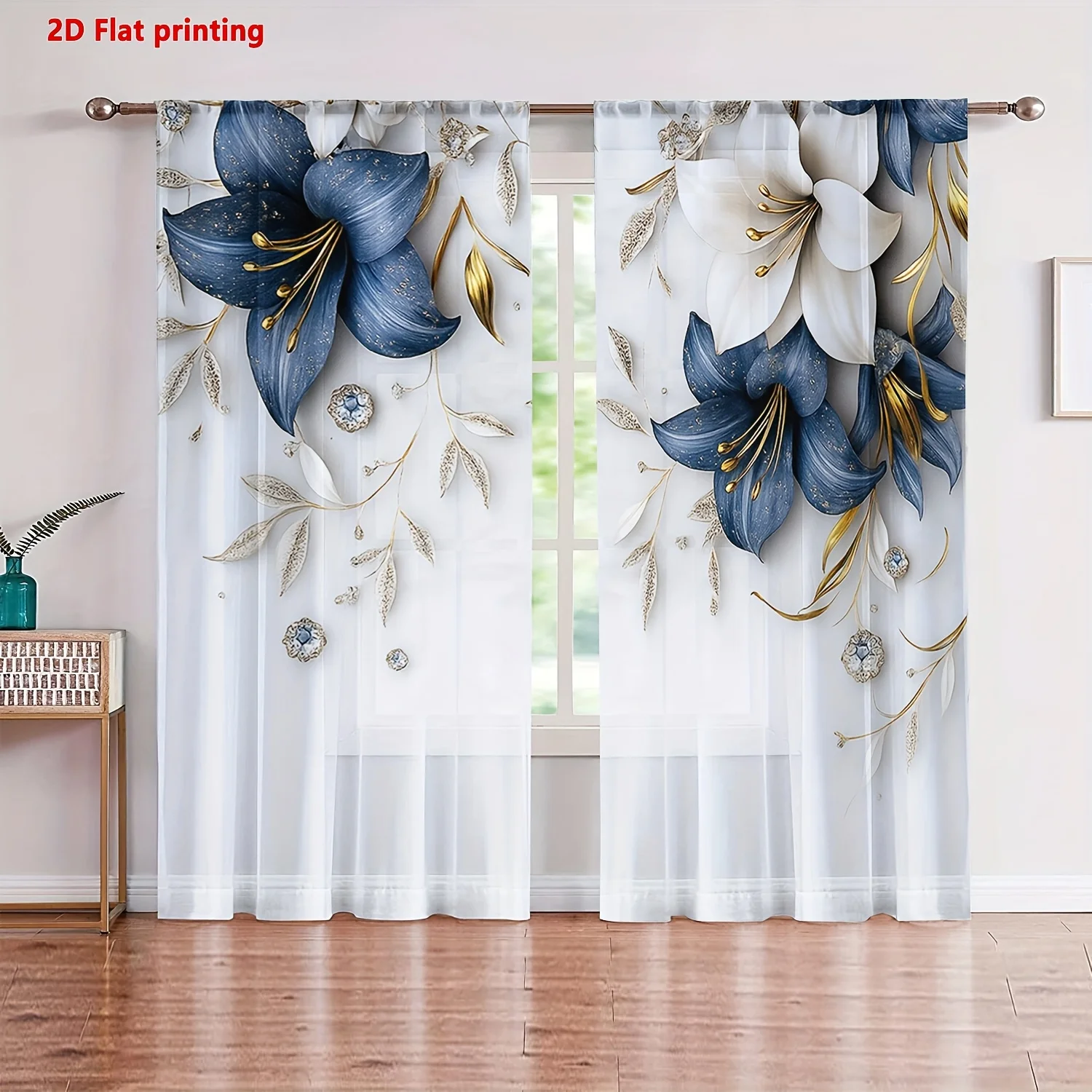 2pcs Blue White Lily Floral Curtains with Golden Accents, Semi-Transparent Polyester Rod Pocket for Modern Home Decor