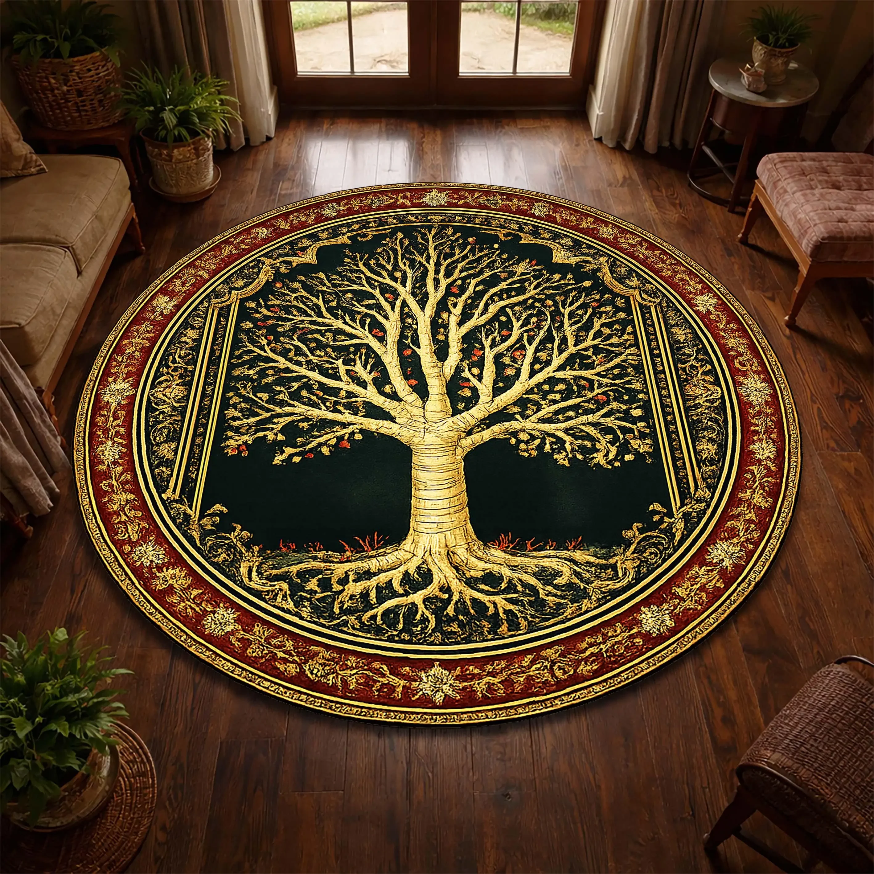 Ornate Round Area Rug with Golden Tree Design for Living Room Hallway Entrance Decor