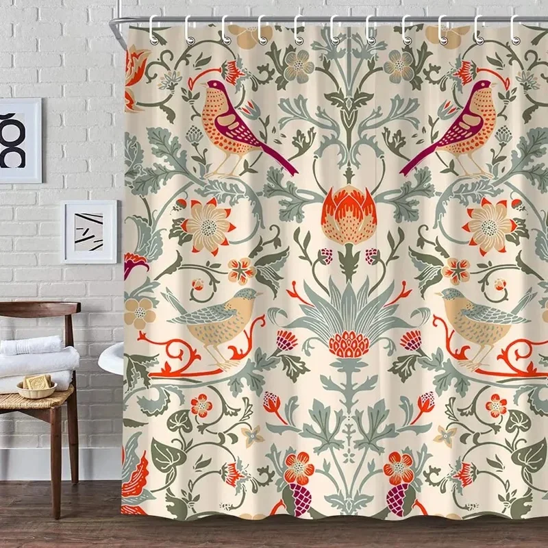 VIKAMA Botanical Bathroom Shower Curtain Antique Birds Floral Print Waterproof Fabric Curtain Home Bath Ornament