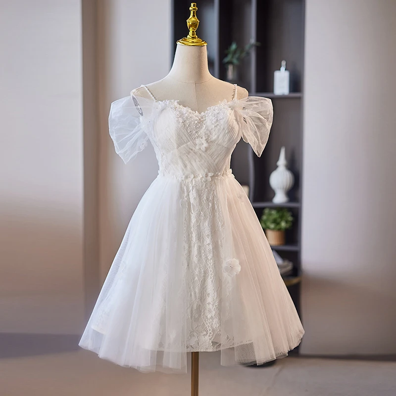 AnXin SH-Vestido corto de noche de princesa, con tirantes finos de encaje vestido blanco, cuentas, pequeñas flores, ilusión