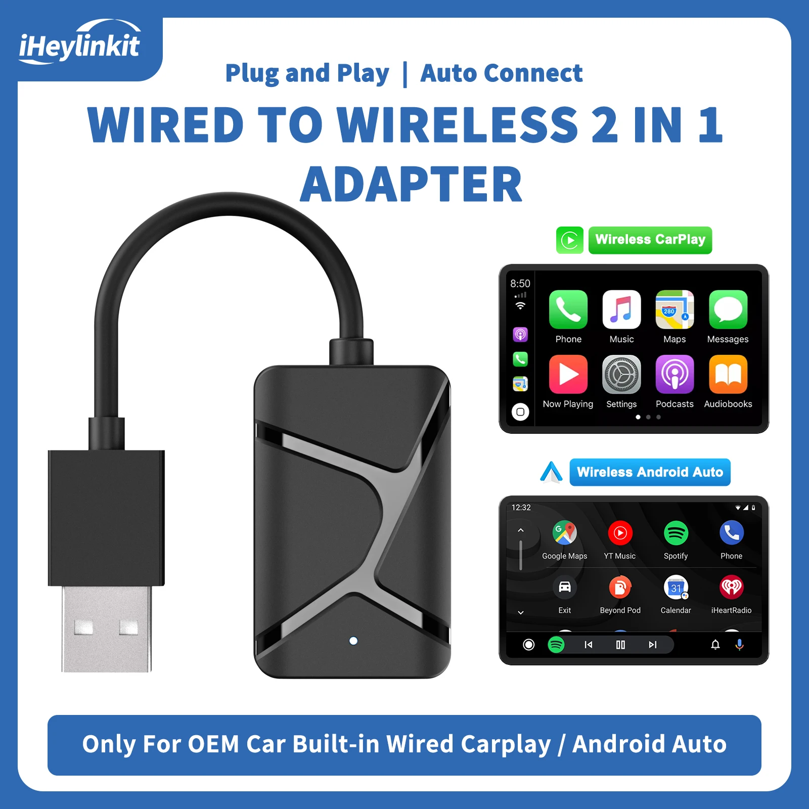 

iHeylinkit Новый адаптер 2-в-1: проводной CarPlay в беспроводной, Android Auto, Smart Box, 5 ГГц WiFi, Type-C/USB, автомобильный аксессуар