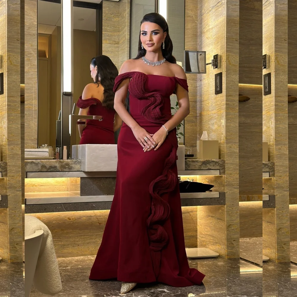 

Customized Matching Modern Style Jersey Pleat Ruched A-line Off-the-shoulder Long Dresses Bespoke Occasion Dresses Exquisite