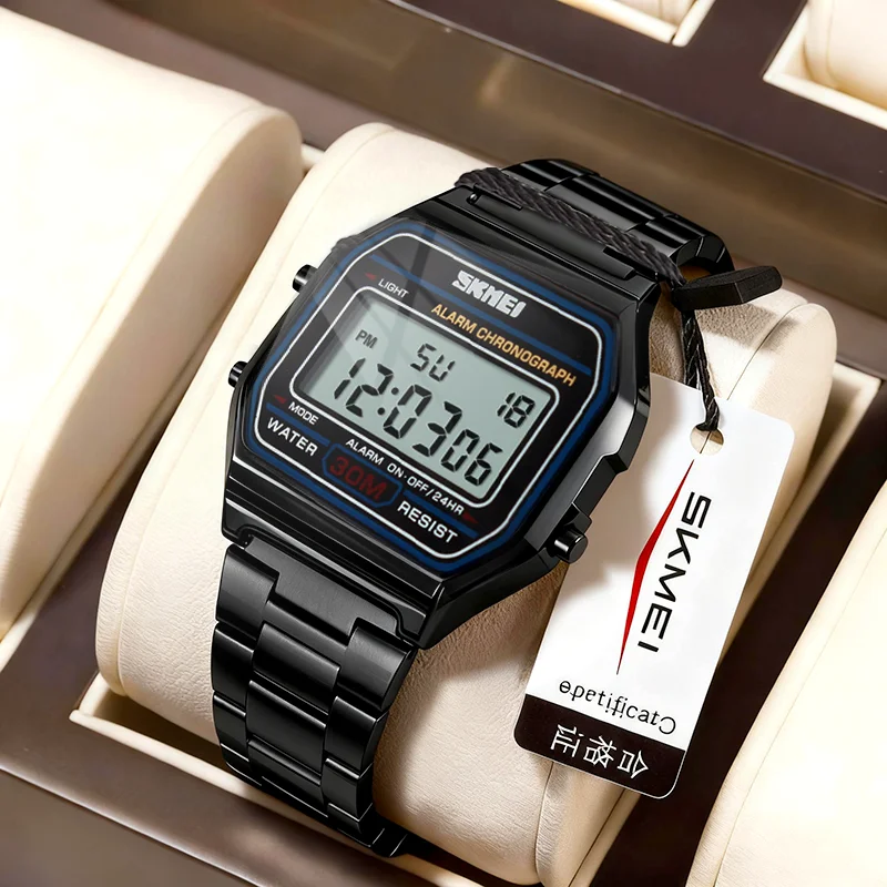 SKMEI Business Stainless Steel Strap LED Display Wristwatches For Men Women Fashion Casual Waterproof Digital Watch reloj hombre