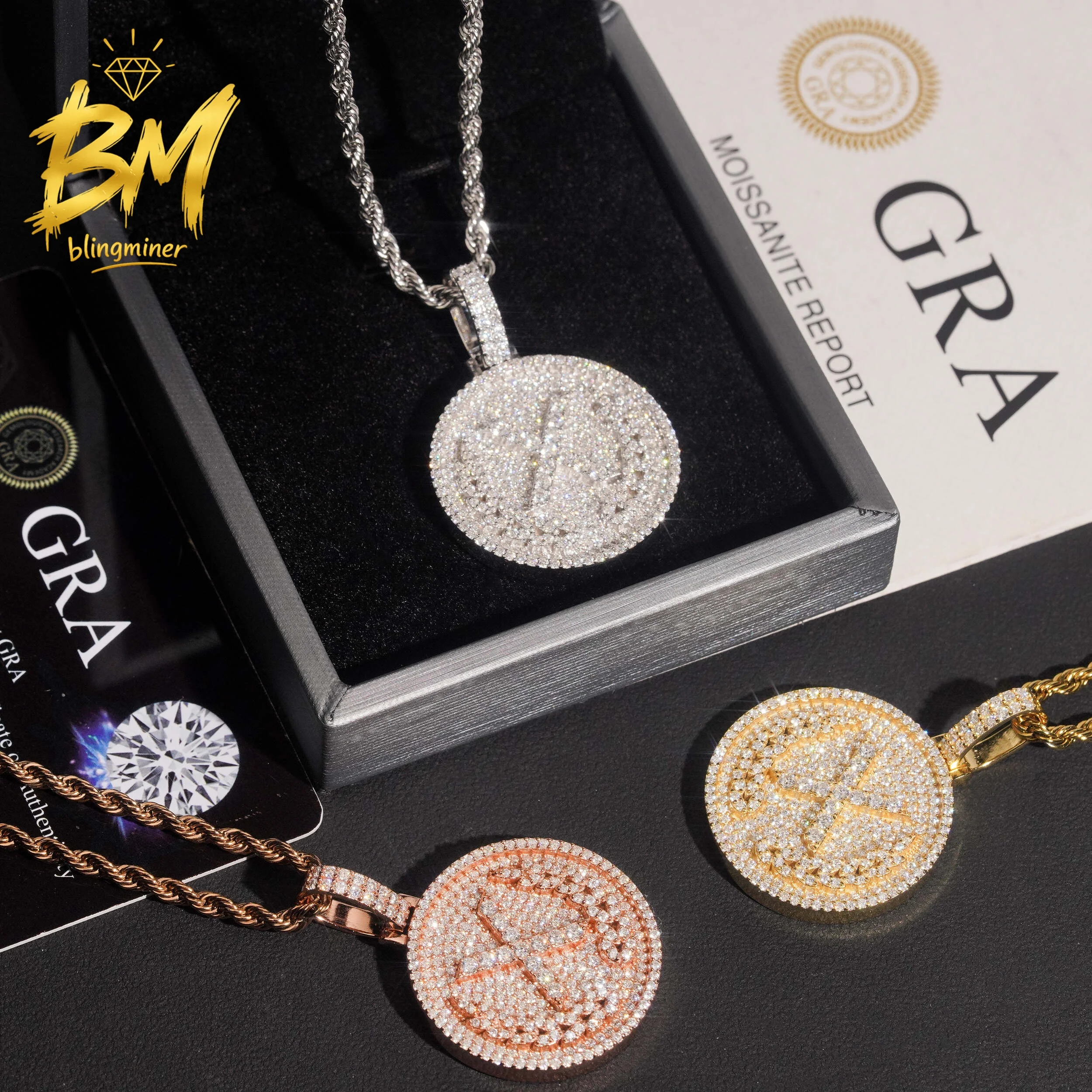 Blingminer Round Medal X Design VVS Moissanite Pendant For Men Women S925 Silver Pendants Pass Diamonds Tester Free Shipping
