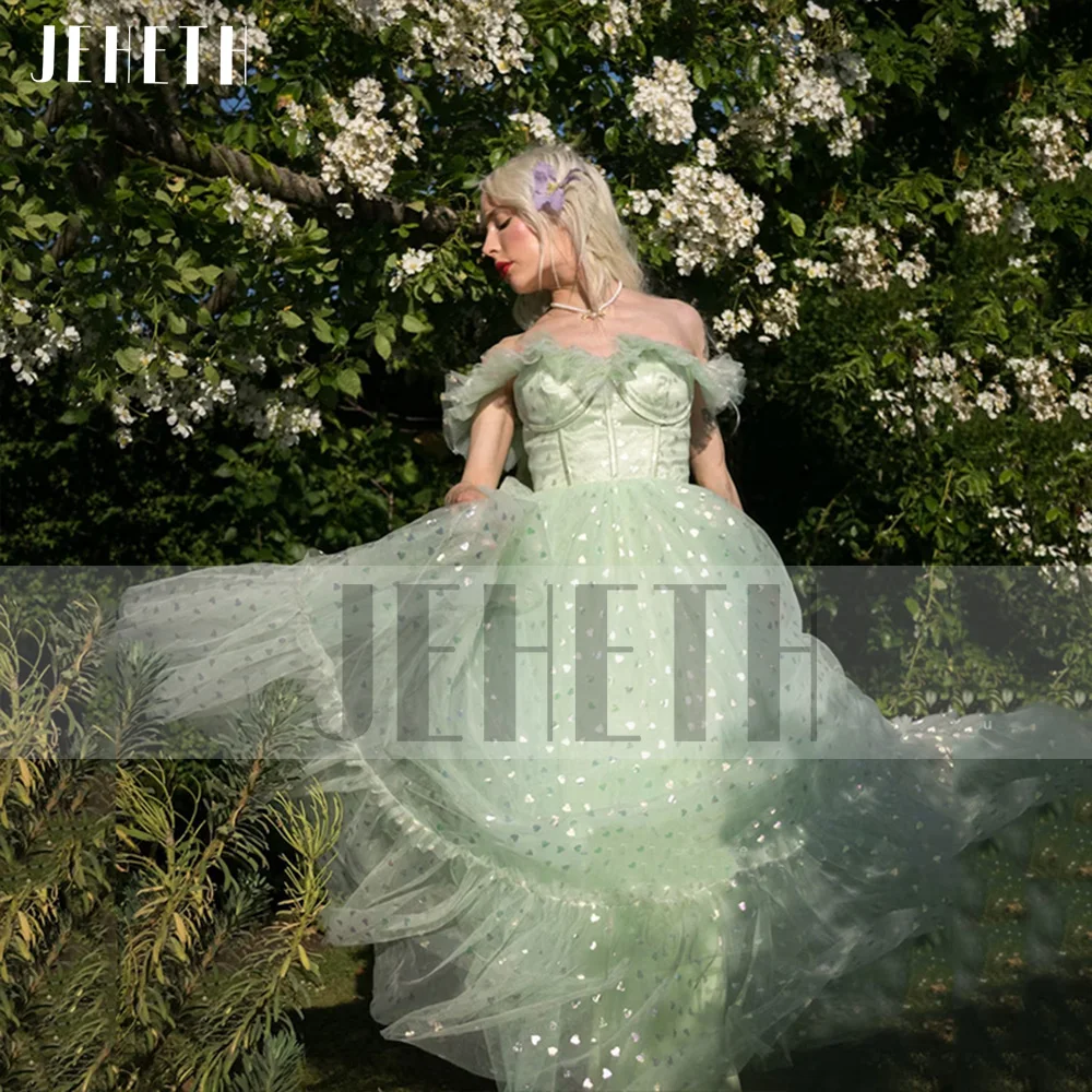 JEHETH Light Green Off Shoulder Heart Print Prom Dress Fairy Pastoral Sweetheart A Line Backless Graduation Evening Party Gown