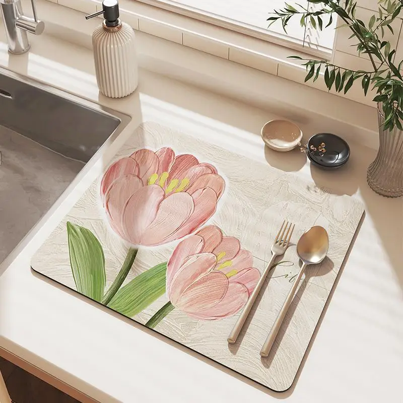 Flower Printed Dish Drying Mat Super Absorbent Coffee Drain Pad Tableware Draining Pad Quick Dry Rug Kitchen Dinnerware Placemat