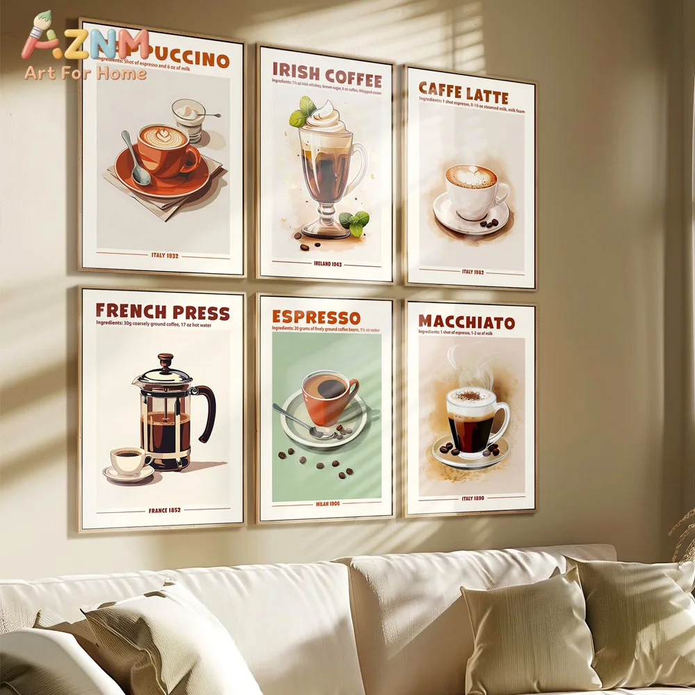 AZNM Coffee Lover Canvas Wall Art Caffe Latte Matcha Pumpkin Spice Mocha Recipe Print Unframed Aesthetic Kitchen Cafe Decor Pain