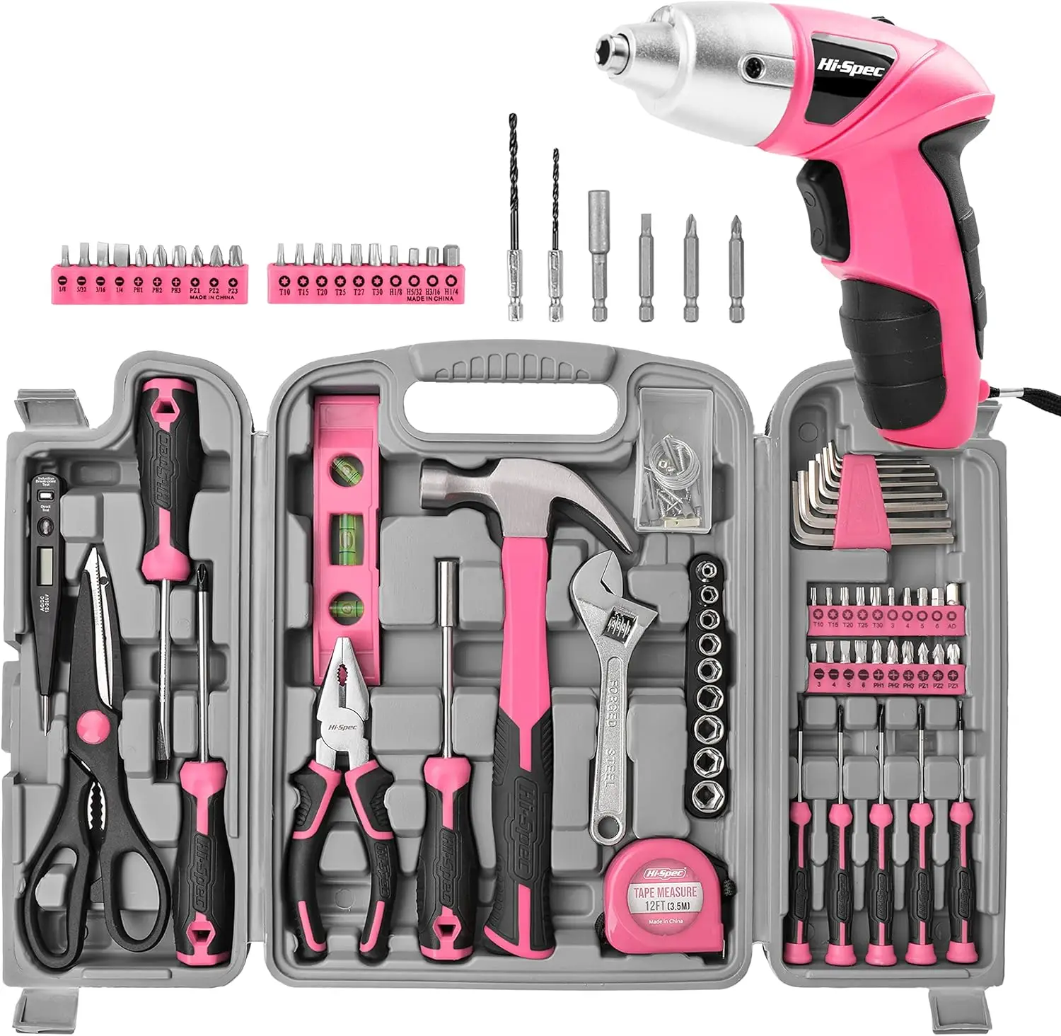 

27pc Pink 3.8V Electric Cordless Power Screwdriver Bundle with 54pc Home DIY Tool Kit for Women, Office & Garage.