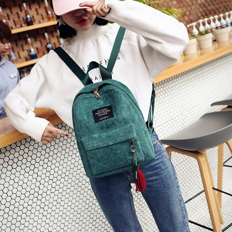 Women Backpack School Shoulder Bag With Tassel Corduroy backpacks Female Notebook Bags For Girls Preppy Style Knapsack Mochilas