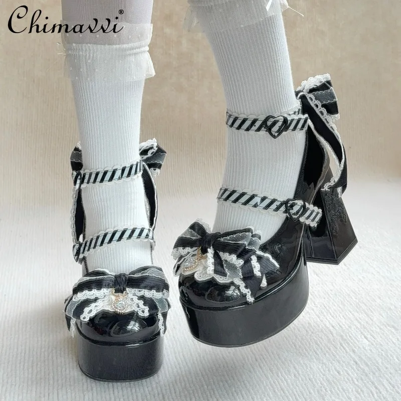 

Original Lolita High Heels Pumps 2025 Autumn New Sweet Bowknot Girl Women Lace Temperament Princess High Heel Mary Jane Shoes