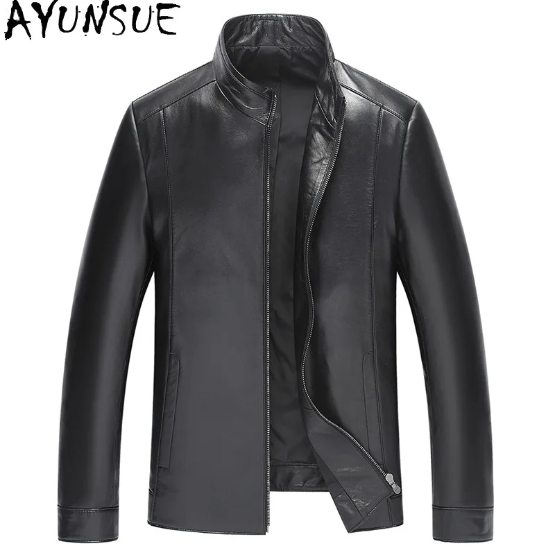 

AYUNSUE New Genuine Leather Jackets Man Spring Autumn Casual Real Sheepskin Leather Jacket Stand Collar Motorcycle Leather Coat