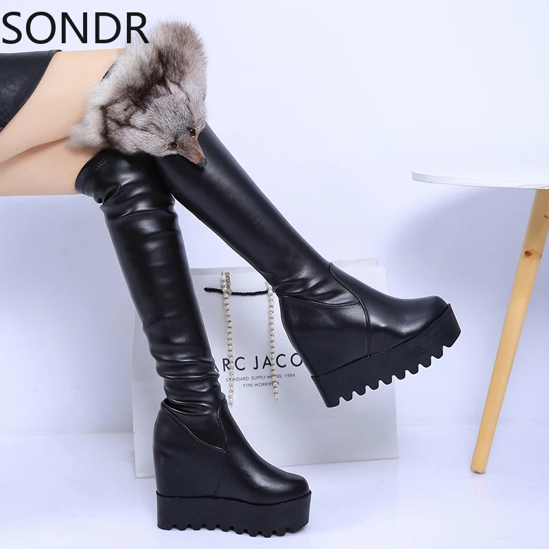 Womens Real Fox Fur Over The Knee Boots Wedge High Heel Platform Shoes Warm Winter Stretchy Black Laides New 2024