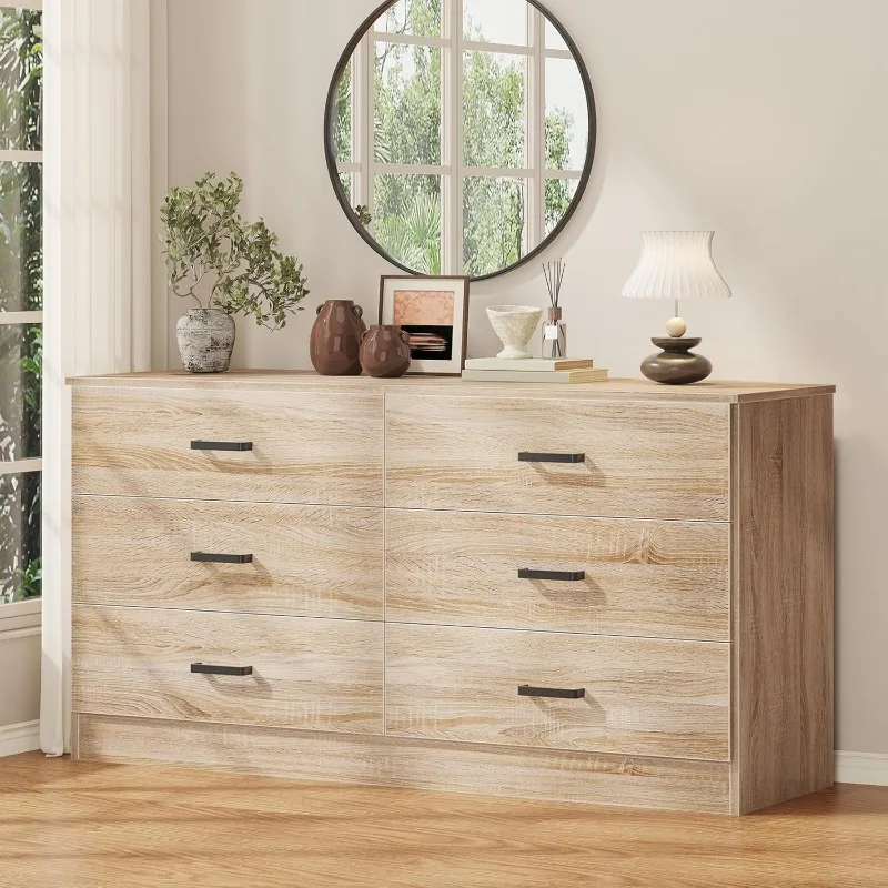 Dresser for Bedroom, 6 Drawer Double Dresser, Modern Chest of Drawers with Deep Drawers, Dresser TV Stand Large