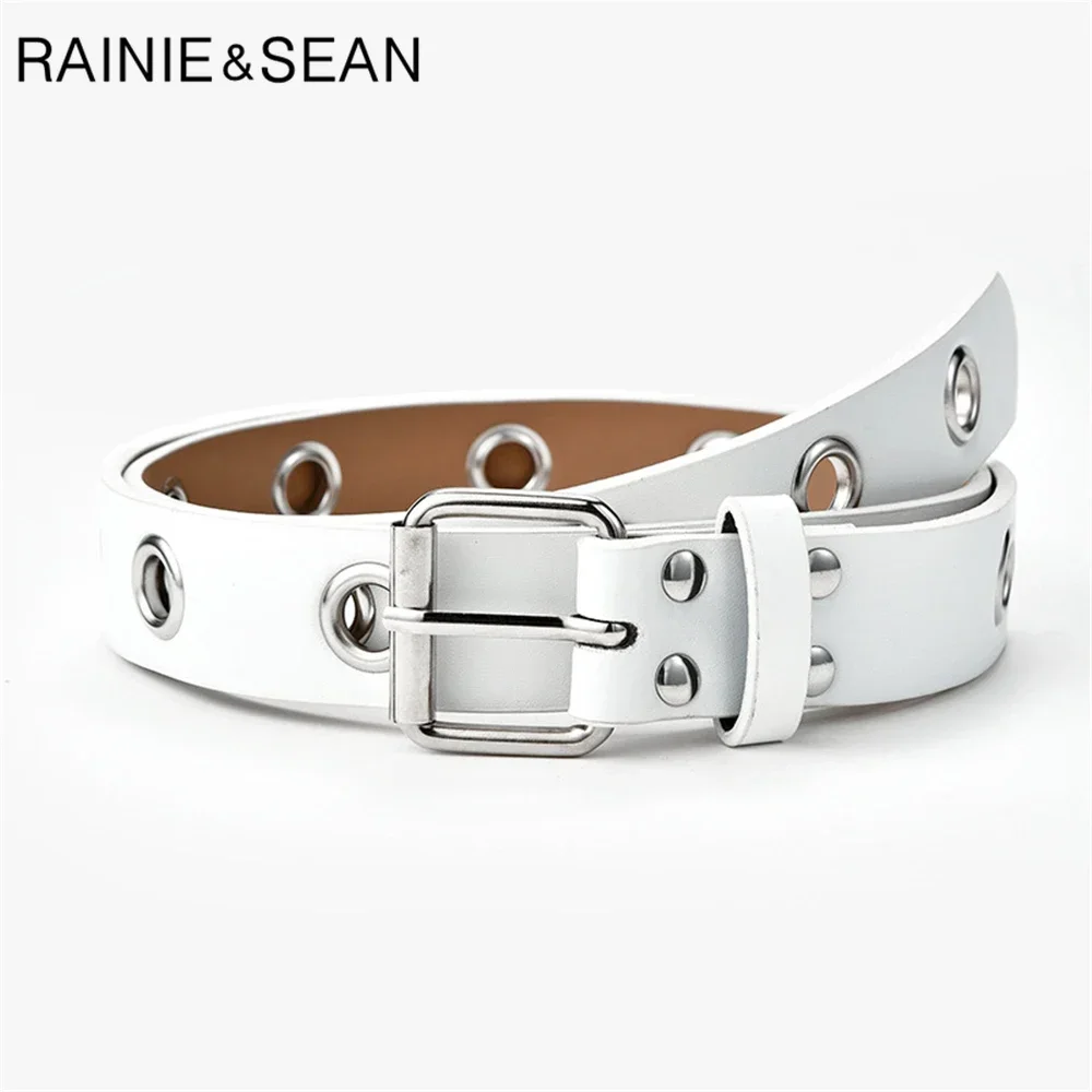 

RAINIE SEAN White Metal Women Belt with Hole Rock Punk Belts Pin Buckle Black Pu Leather Ladies Waist Belt 110cm Hollow