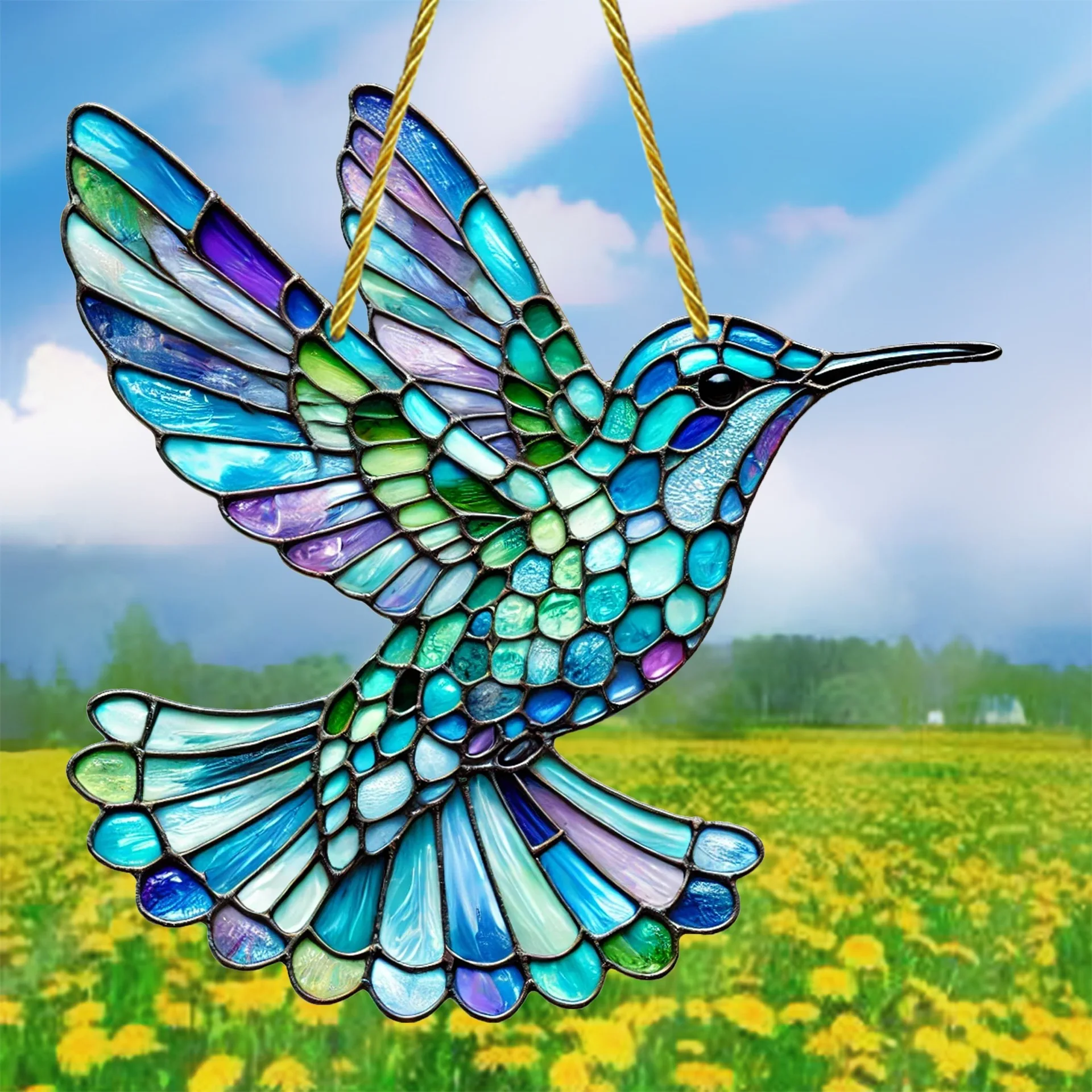 

Ice Blue Hummingbird Sun Catcher Stained Glass Style Window Porch Hanging Ornaments