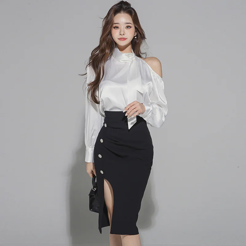 

Elegant Sexy Shoulder Bared Silk Shirt And High Slit Midi Skirt Two Piece Set for Women Autumn Fashion Casual Wear