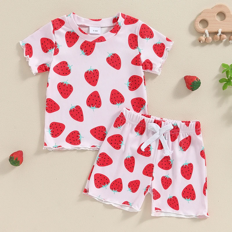 Baby Girl Cute Strawberry Printed Outfits Short Sleeve Round Neck Tops Elastic Waist Shorts Toddler 2 Piece Summer Set