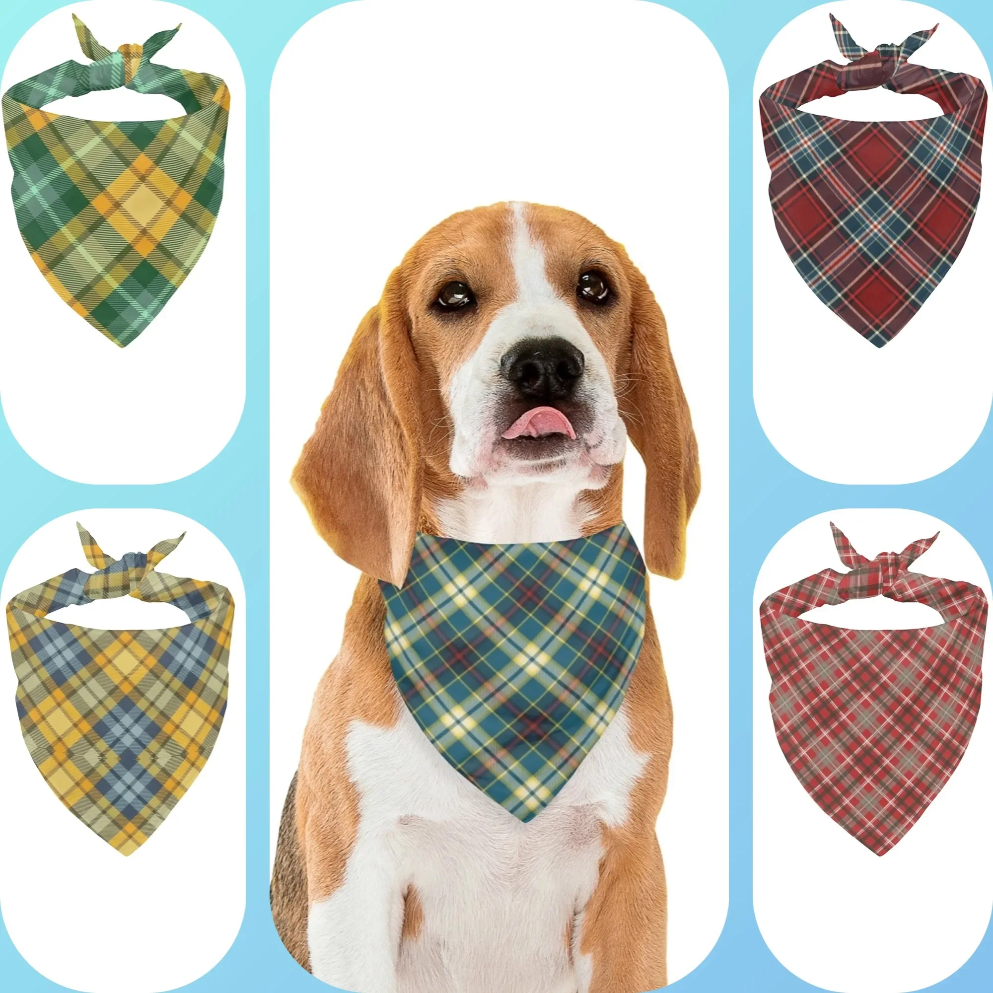 Dog Bandanas，Triangular Adjustable Colorful Check Twill Pattern Printed Polyester，Pet Scarf ，Puppy Accessories Drool Bib