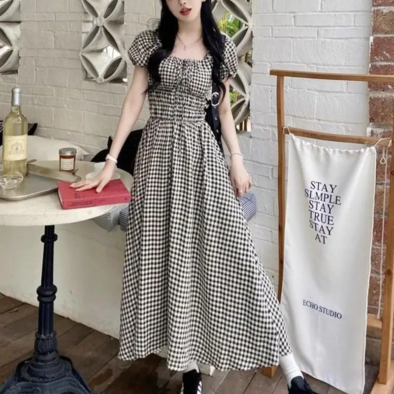 Korean Style High Waist A-Line Long Dress Women's Plaid Contrast Color Summer New Vintage Design Slimming Effect Dress