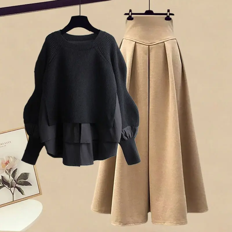 Spring and Autumn Fashion Set Women's 2023 New Korean Edition Fake Two Piece Top Style Slim Half Skirt Two Piece Set