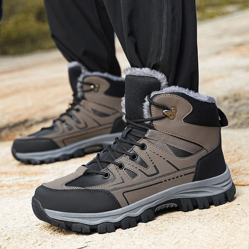 

Winter Mens Outdoor Hiking Boots Fleece Lined Warm High Top Snow Boots Non Slip Shoes for Elderly Fathers
