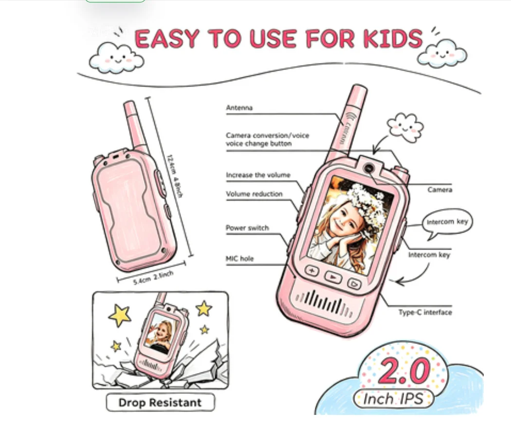 

Kids Walkie Talkie HD Call Intercom 2' HD Screen VHF UHF Child Communication Device for Camping Hiking Outdoor Activities
