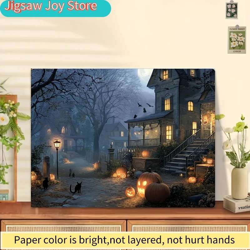 1 Box(500 - piece) Puzzles for Adult Moonlit Pumpkin Lanterns & Black Cats Town Applied for Party Games & Activities, with a m