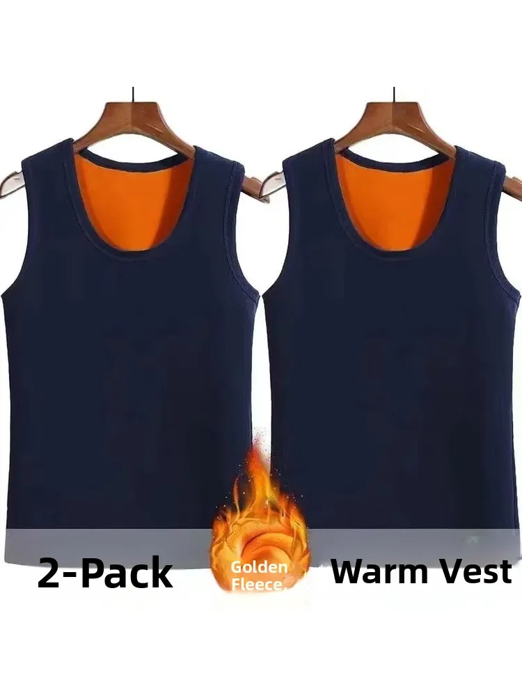 Men's Fleece Lined Warm Vest Inner Wear Shoulder Pad Top Youthful Style Thickened Winter Clothes round Neck Casual Geometric ...