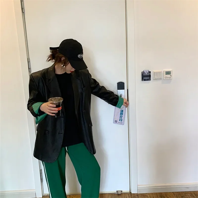 2025 봄 가을 한국 느슨한 더블 브레스트 여성 블랙 가짜 가죽 블레이저 옷깃 긴 소매 여성 Outwear Abrigo Mujer