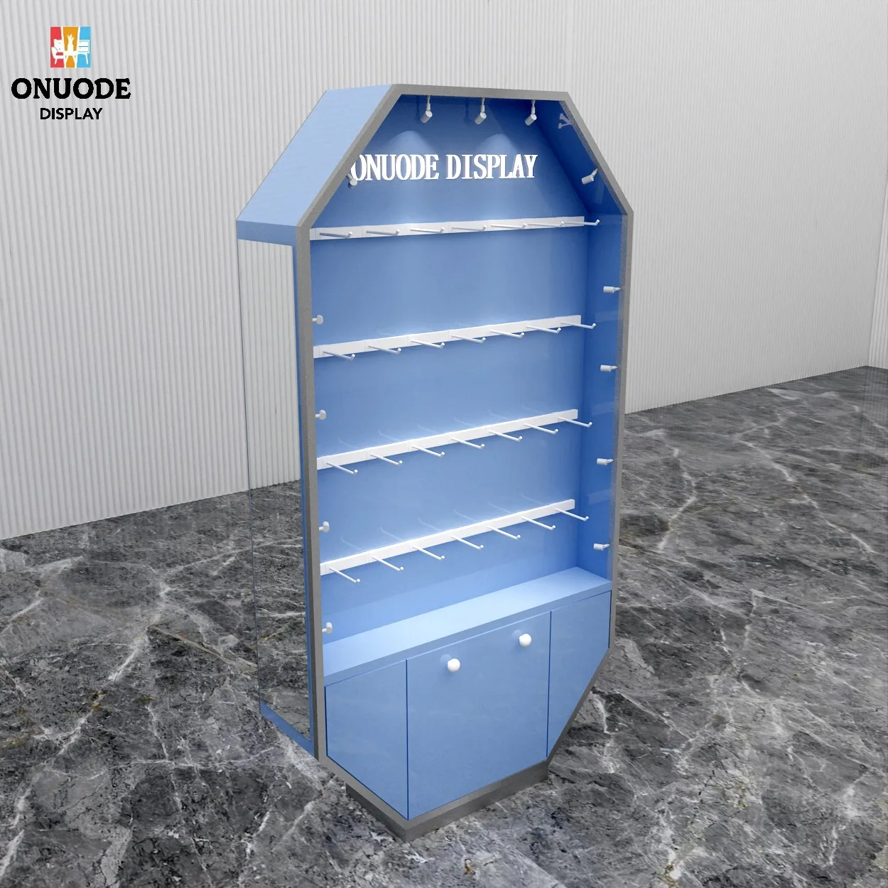 Custom.High-End Custom Luxury Curve Glass Jewelry Showcase New Store Furniture mit LED-Beleuchtung, modisches Design