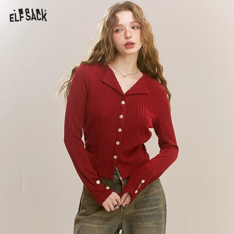 

ELFSACK 2024 Winter New Arrivals Polo Neck Christmas Sweater Women Fake Buttons V Neck Solid Color Short Top