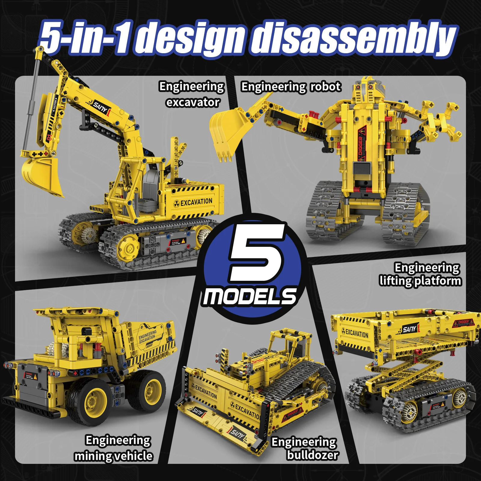 NEW 5 IN 1 Technical Remote Control Excavator Building Blocks City Engineering Truck Model Bricks Bulldozer Toys For Kids Gifts