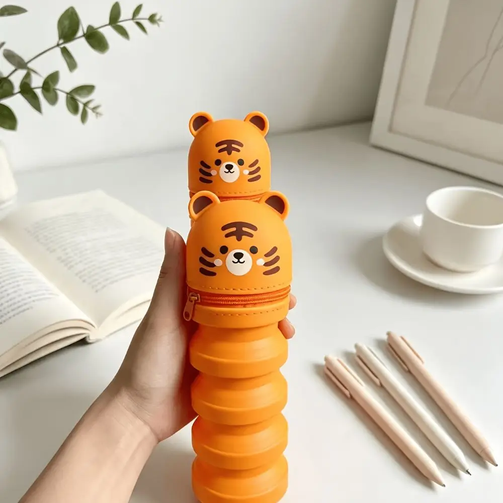 Silicone Material Silicone Pen Holder Upright Design Kawaii Style Upright Desk Organizer Little Tiger Theme Tiger Face Pattern