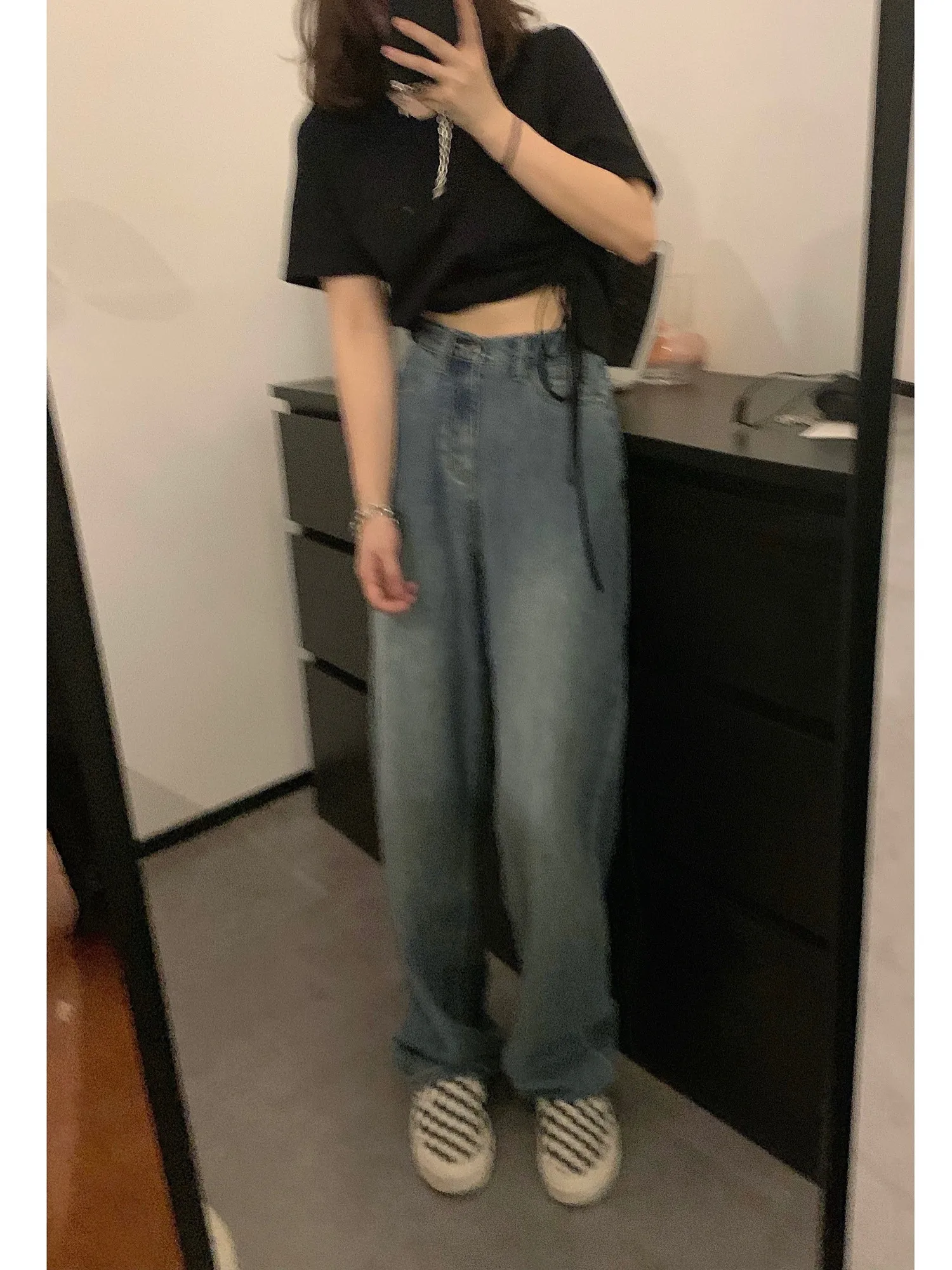 

Viiwen Sli Ретро синие женские широкие джинсы с высокой талией и прямым вырезом, утягивающие длинные брюки, летняя мода