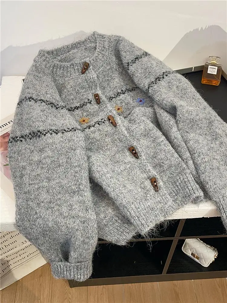 يا لينة مريحة المرأة محبوك سترة معطف فضفاض مطرز كسول Sle الخريف الشتاء جديد وصول زر حتى سترة أعلى #1
