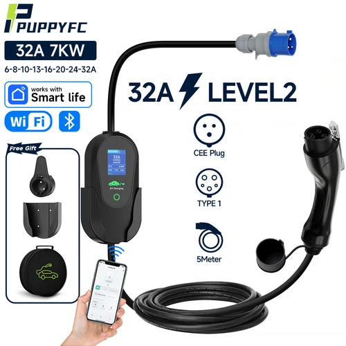 Puppyfc 7.2KW ポータブル EV 充電器 32A Type1/Type 2Fast 家庭用電気自動車充電ステーション WiFi 制御 IP66 防水過負荷