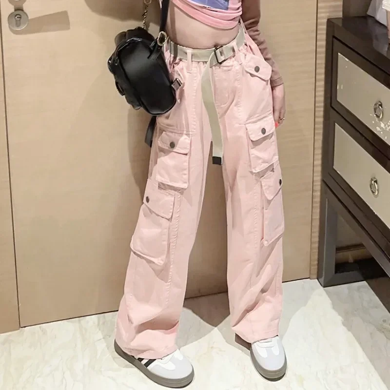 

New 2025 Girls Vintage Big Pocket Cargo Pants Long Trousers Streetwear Kids Loose Straight Leg Cargo Pants Teen Spring Clothing