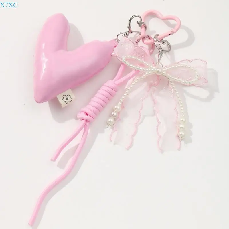

X7XC Trendy Heart Bows Bag Embellishment Practical Lightweight Keyring Car Keychain For A Fashionable Statement
