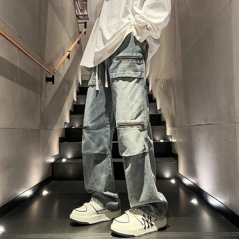 Oversize Zipper Workwear Jeans Straight Tube Loose American Plus Size Men's Pants High Street Vibe Trendy Brand Hip-hop