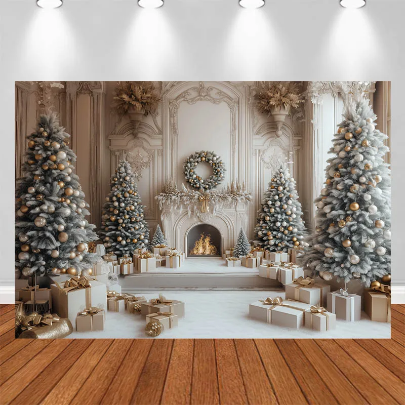 LS Xmas Photography Background Christmas Tree Wreath Fireplace Decor Adult Kids Portrait Photo Backdrop Studio