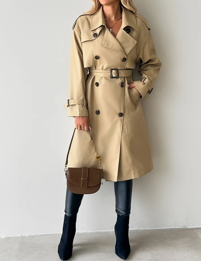 

British Style Khaki Women's Long Over The Knee Trench Coat Lapel Double Breasted VersatileWaist Cinched leisure Long Trench Coat