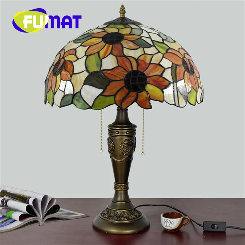 FUMAT  Tiffany stained glass 16 inch table lamp Art Deco living room study bedroom bedside American style sunflower gift lamp